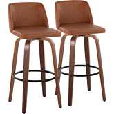 Toriano 30" Swivel Bar Stool in Walnut Wood & Camel Leatherette with Black Footrest (Set of 2)